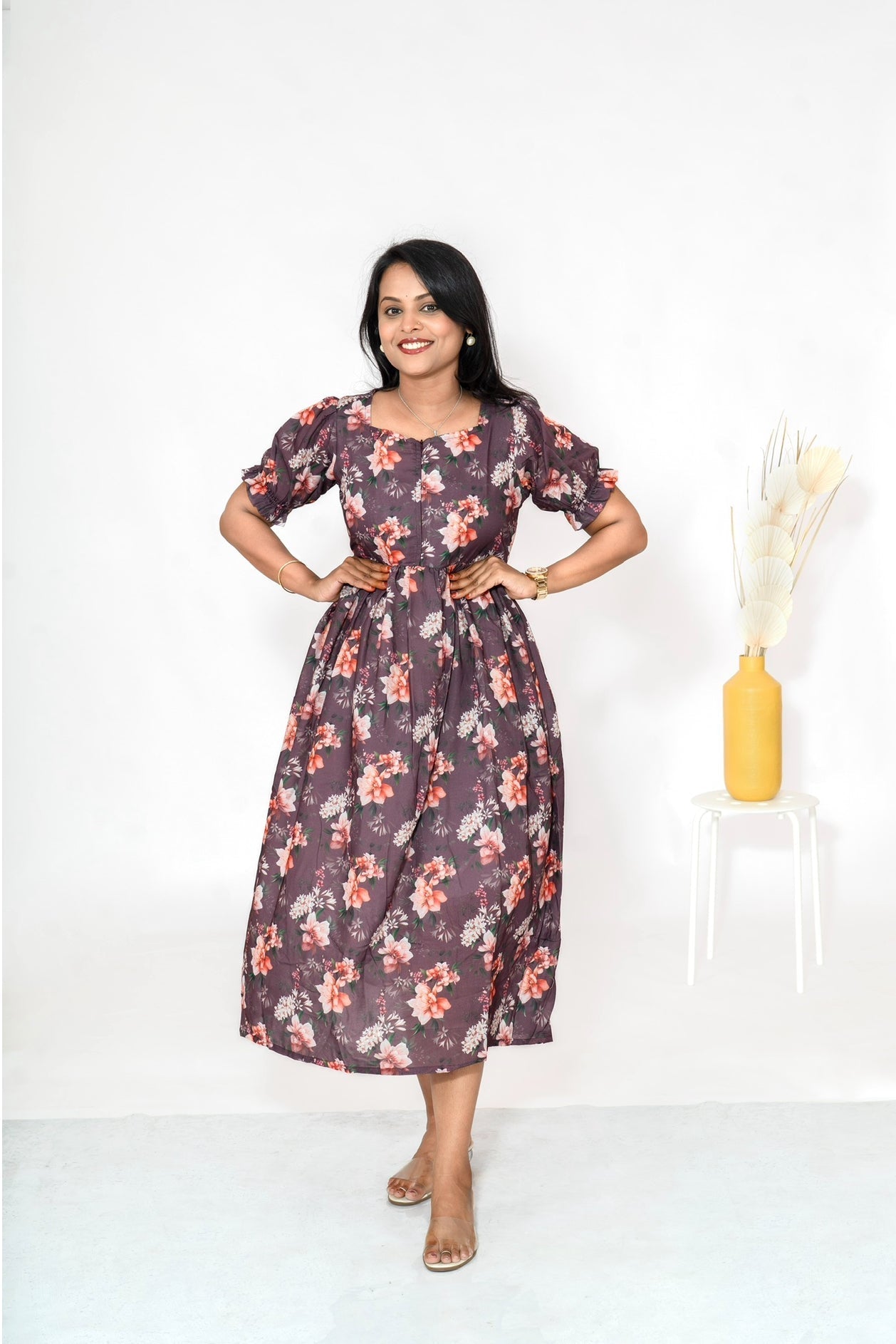 Brown Peach Casual  Dress With Lining
