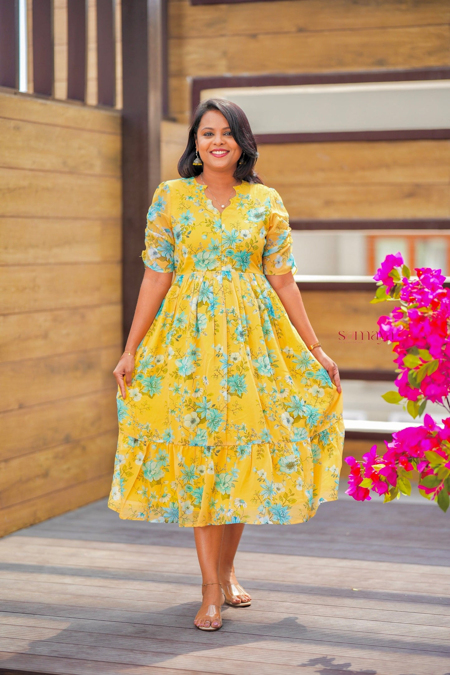 Yellow  georgette casual  Dress With Lining