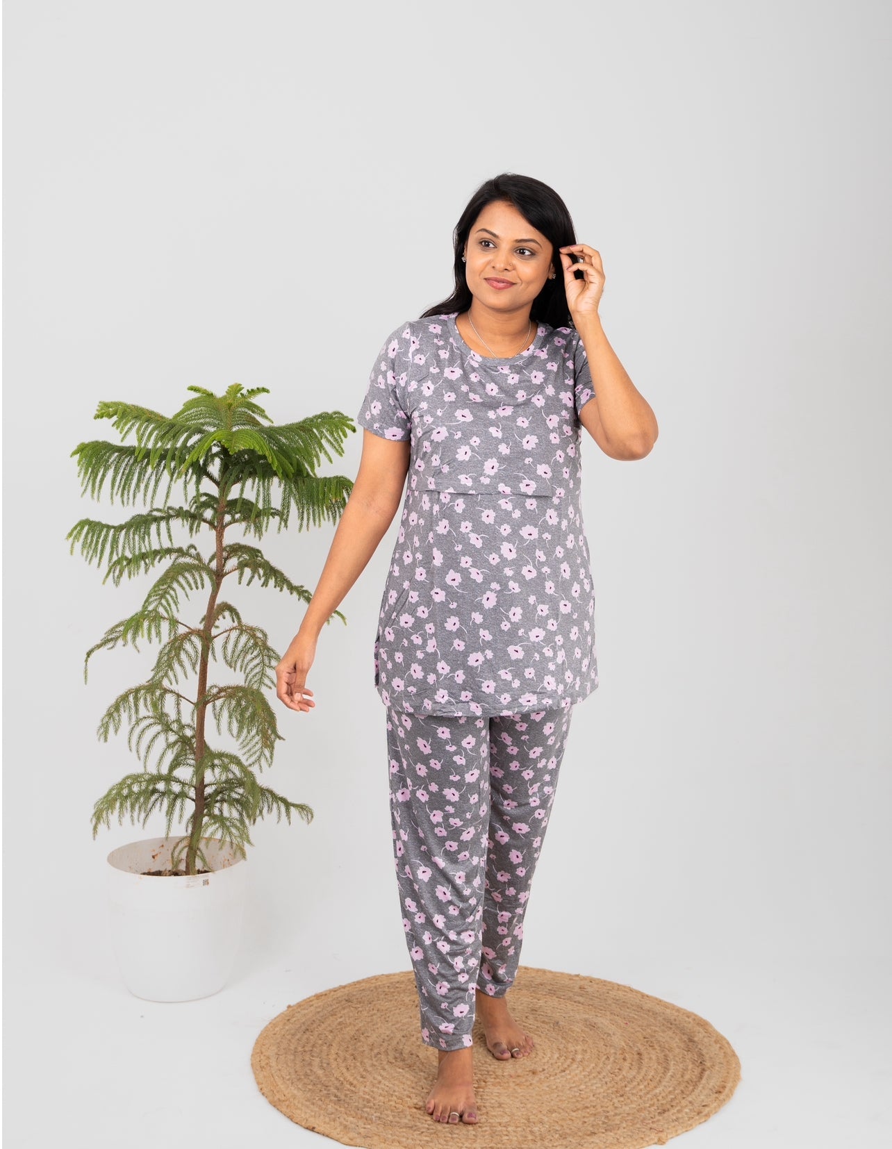 Grey flower Feeding Pant Set ( lightweight )