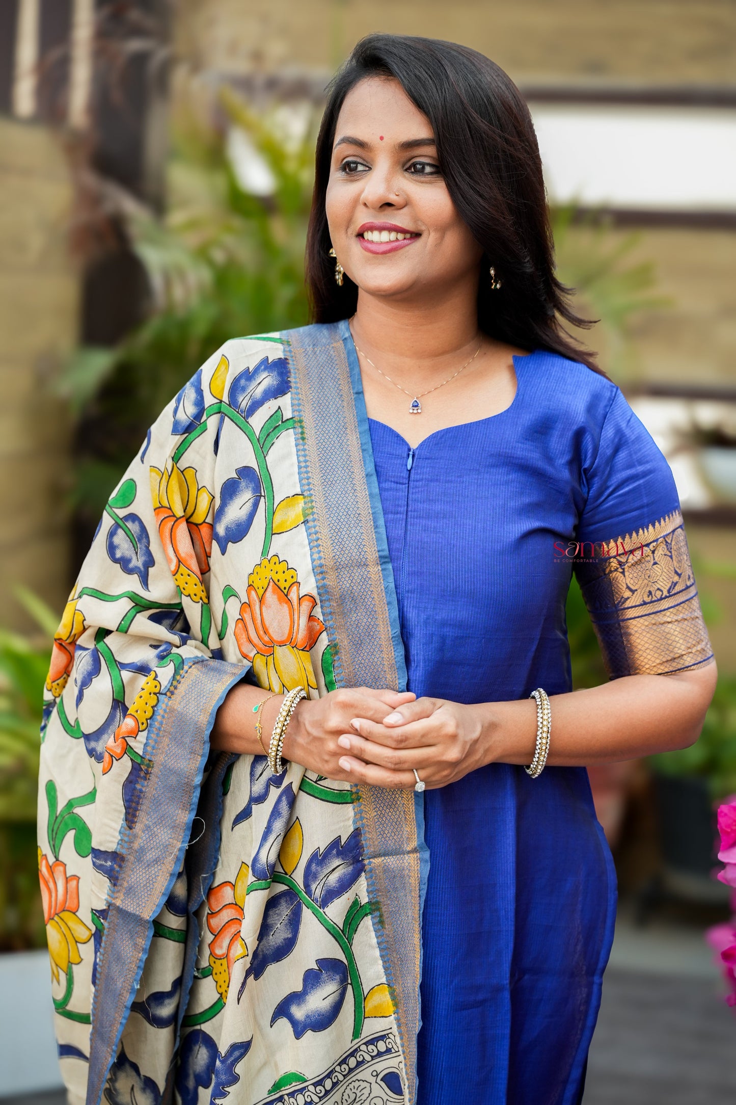 Radhae Mangalgiri Blue Narayanapet silk top with kalamkari hand painted dupptta set of 2 ( ready to dispatch)
