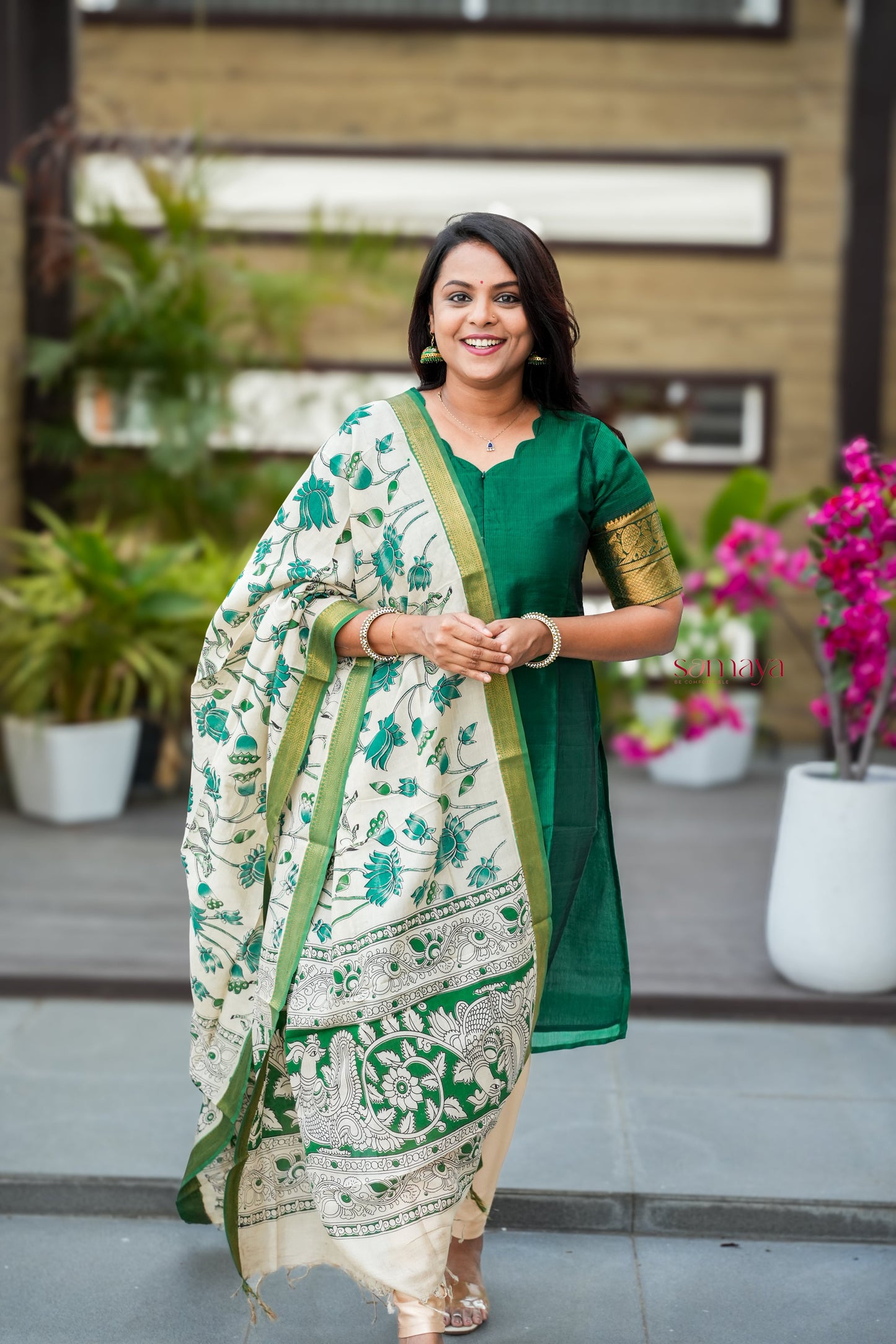 Mangalgiri Green Narayanapet silk top with kalamkari hand painted duppatta set of 2 ( ready to dispatch)