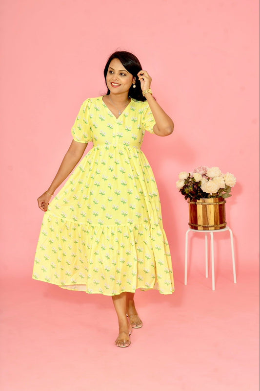 Lemon Yellow Casual  Dress With Lining ( No-Iron Everyday Dress)