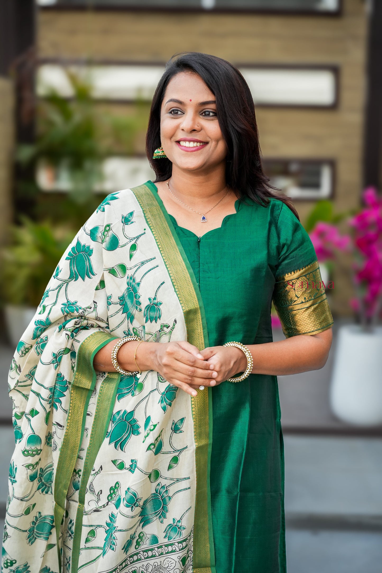 Mangalgiri Green Narayanapet silk top with kalamkari hand painted duppatta set of 2 ( ready to dispatch)
