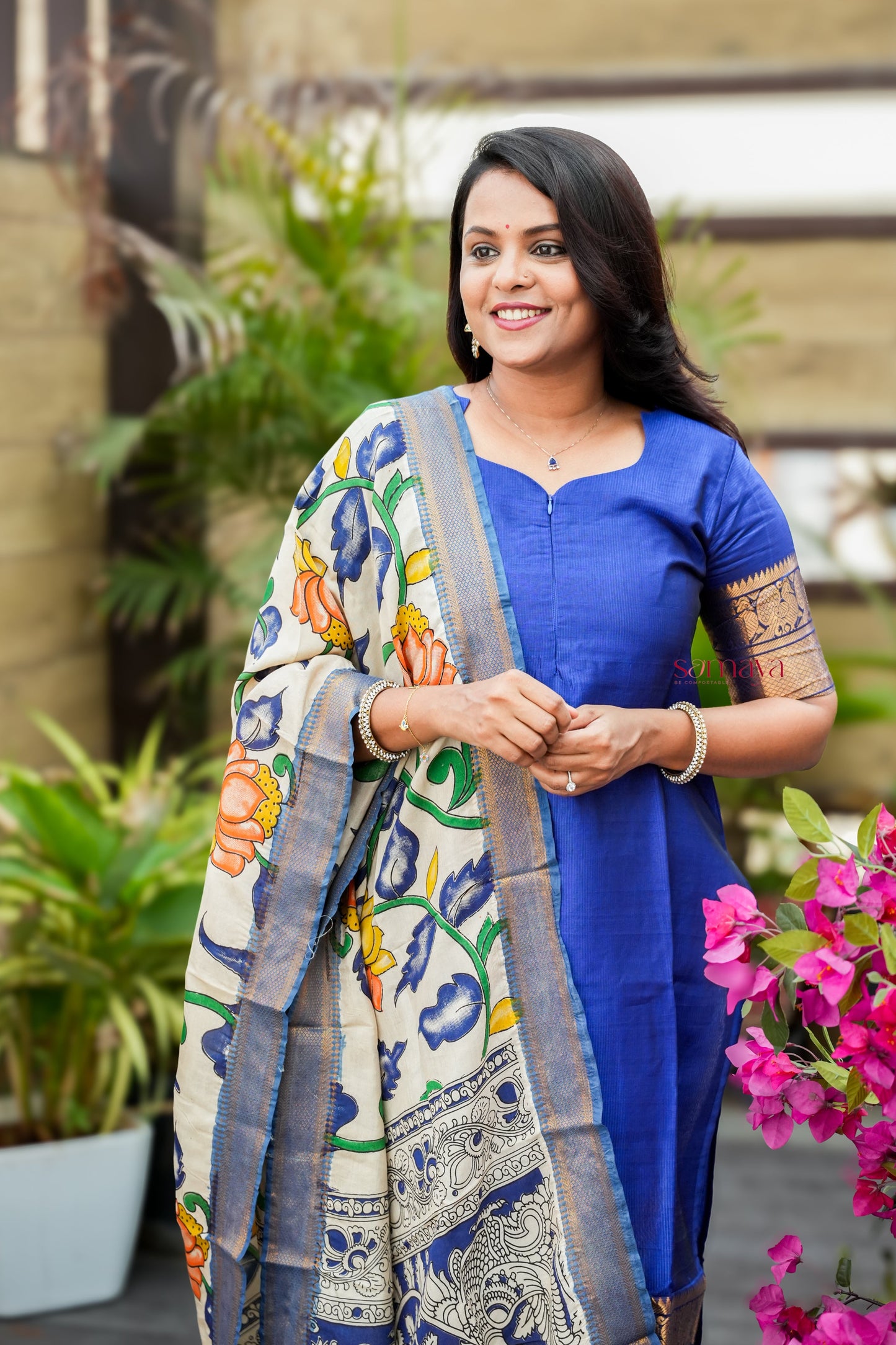 Radhae Mangalgiri Blue Narayanapet silk top with kalamkari hand painted dupptta set of 2 ( ready to dispatch)