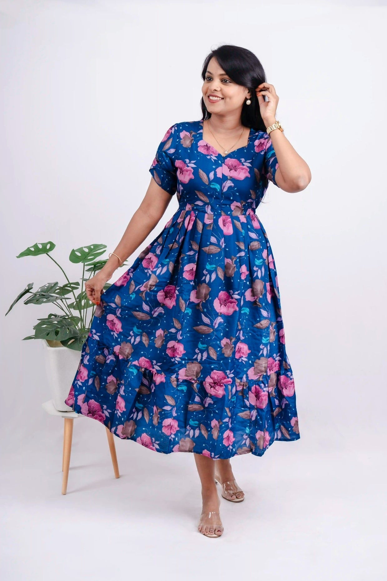 Navy pink Casual Dress With Lining