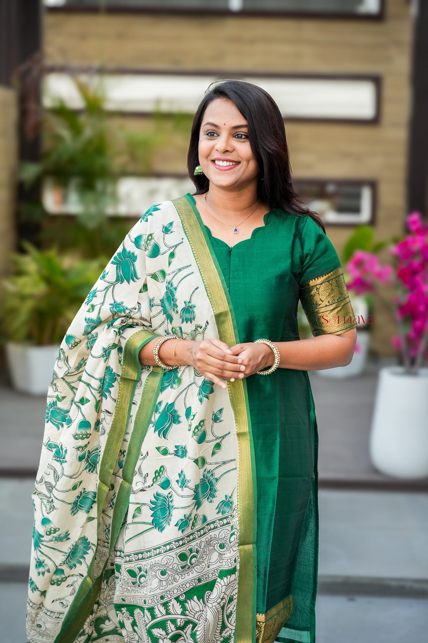Mangalgiri Green Narayanapet silk top with kalamkari hand painted duppatta set of 2 ( ready to dispatch)