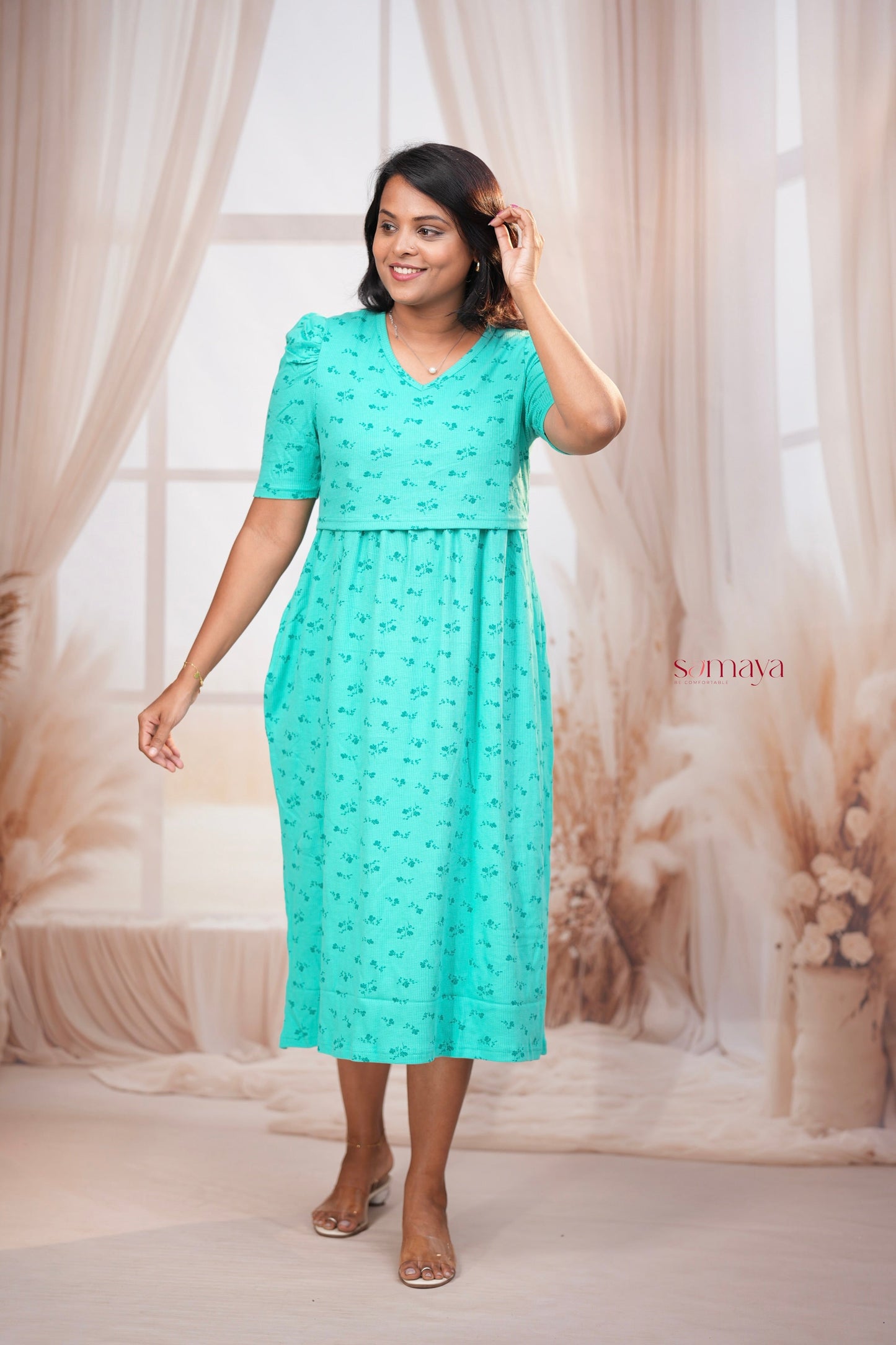 Calf Length Green Waffle Light Weight Dress