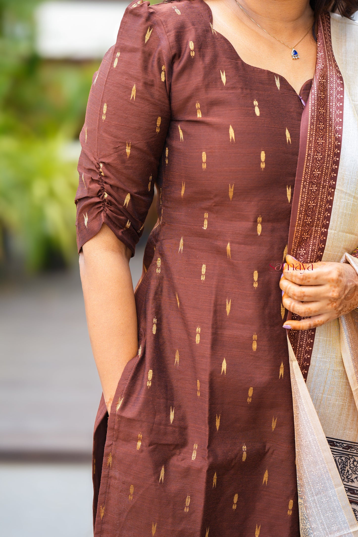 Chocolate - 3 piece salwar suit set with printed kalamkari dupatta