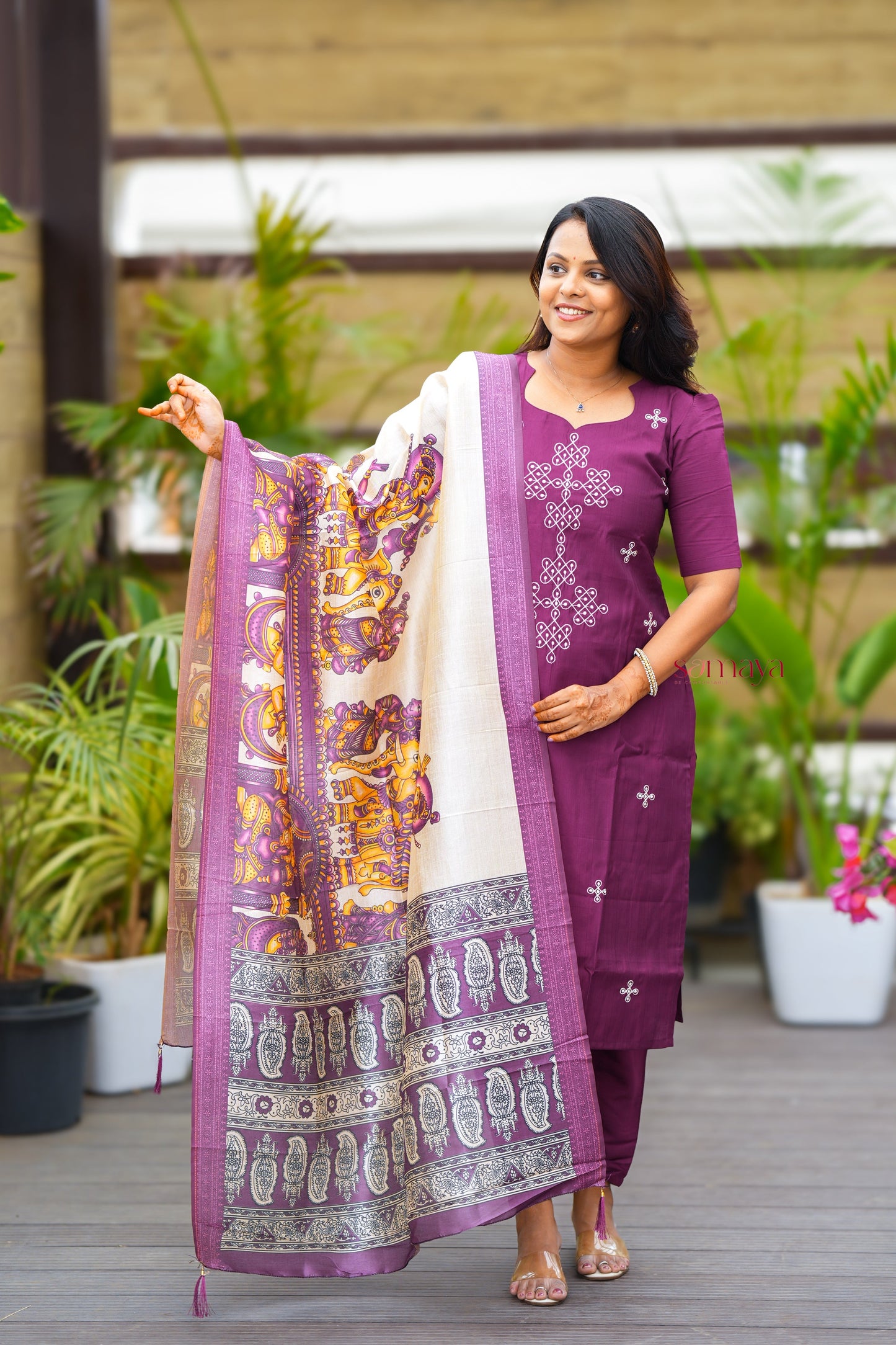 Saanvi -Purple Kolam 3 piece salwar suit set with kalamkari printed dupatta