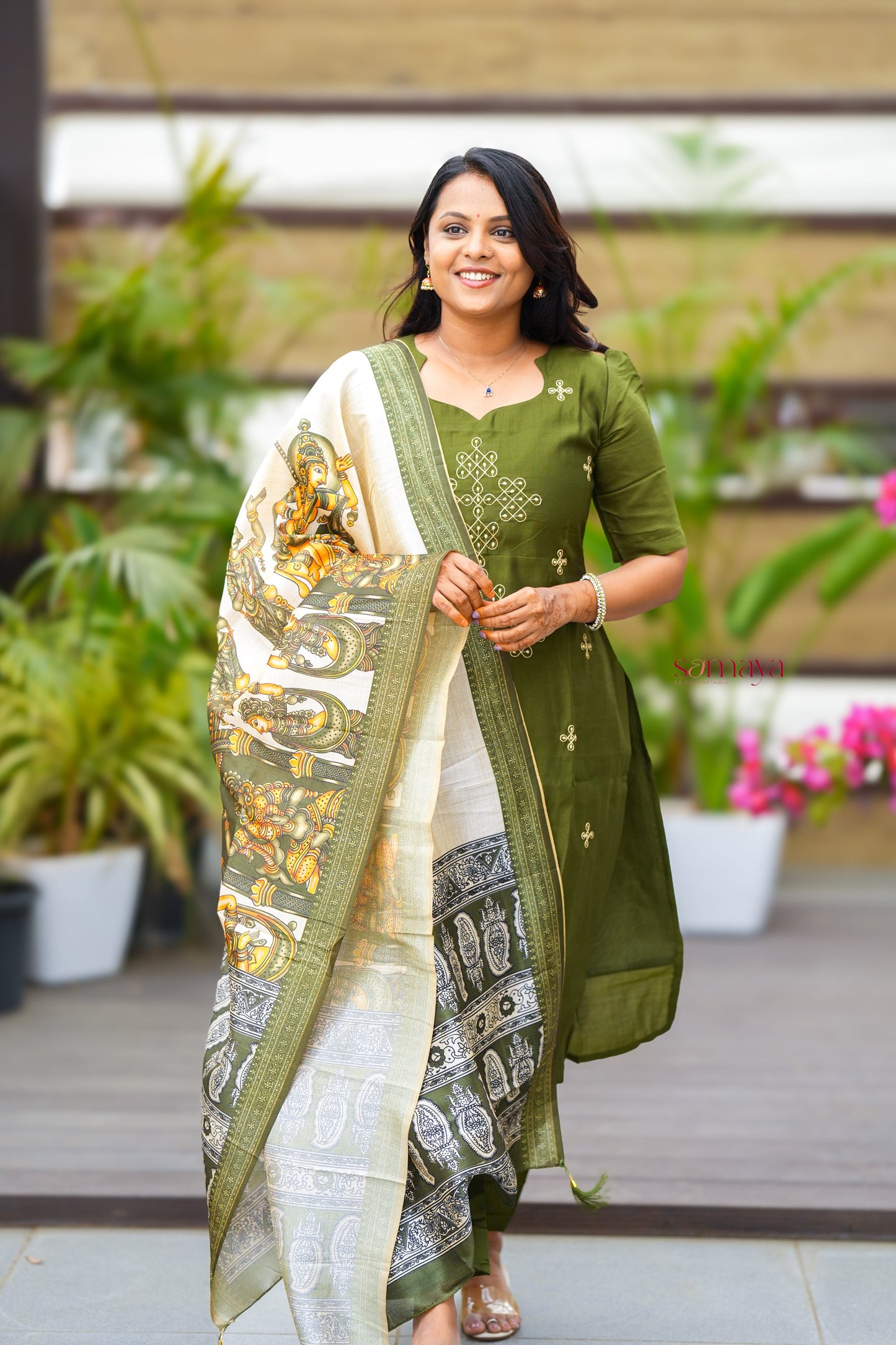 Saanvi-green kollam  3 piece salwar suit set with printed kalamkari dupptta ( pre order dispatch 20 August)