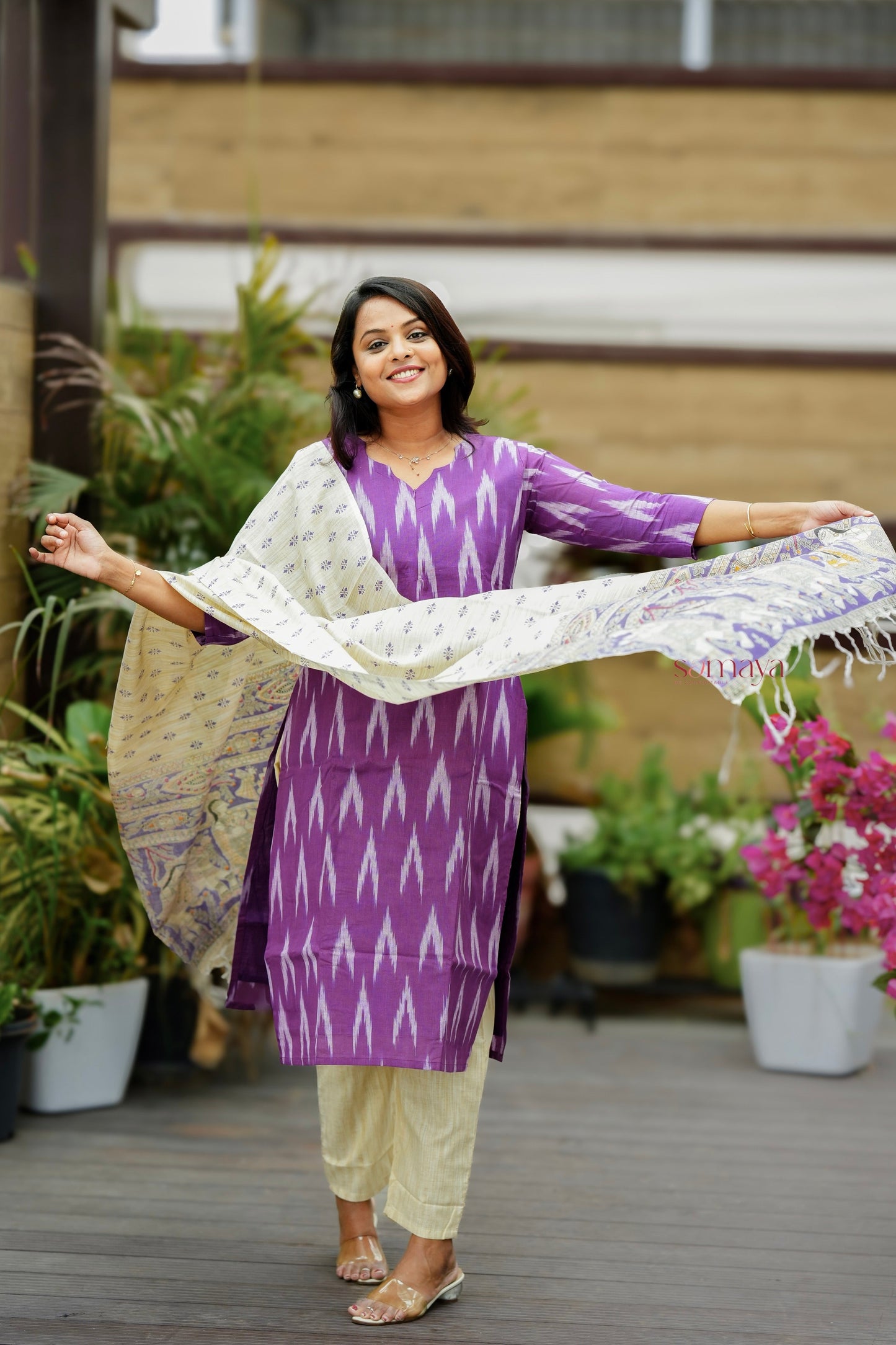 Pari -purple ikkat  Cotton 3 piece Set with lining