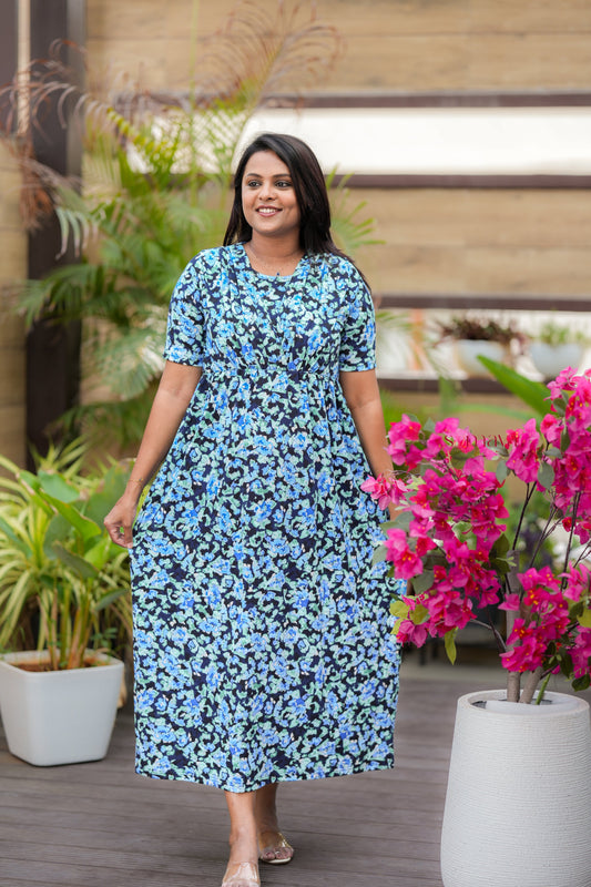 Maxi Blue Light Weight Dress with attached dupptta drape