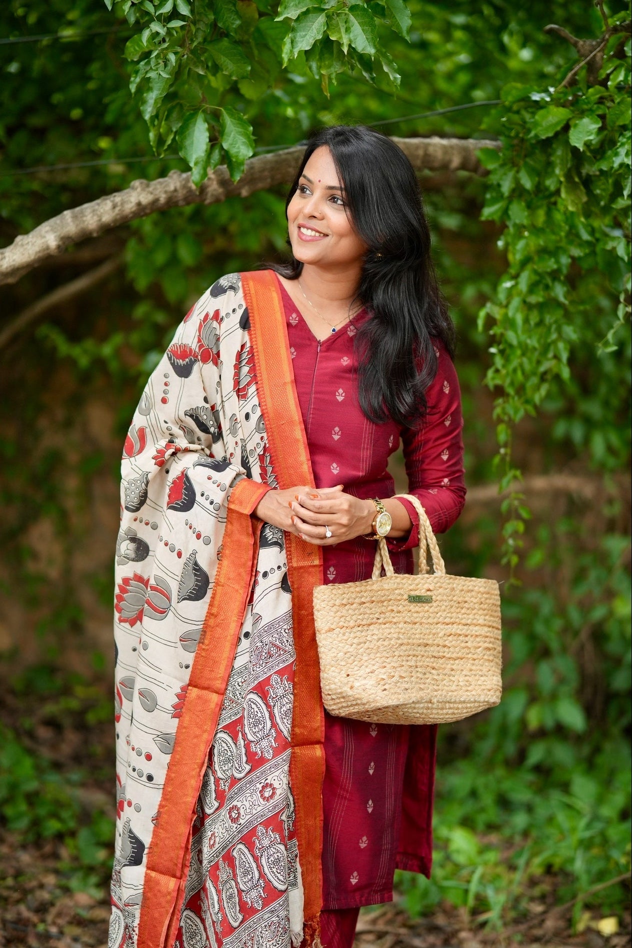 Nithya raw silk Kurta Set with hand painted kalamkari dupptta (ready to dispatch)