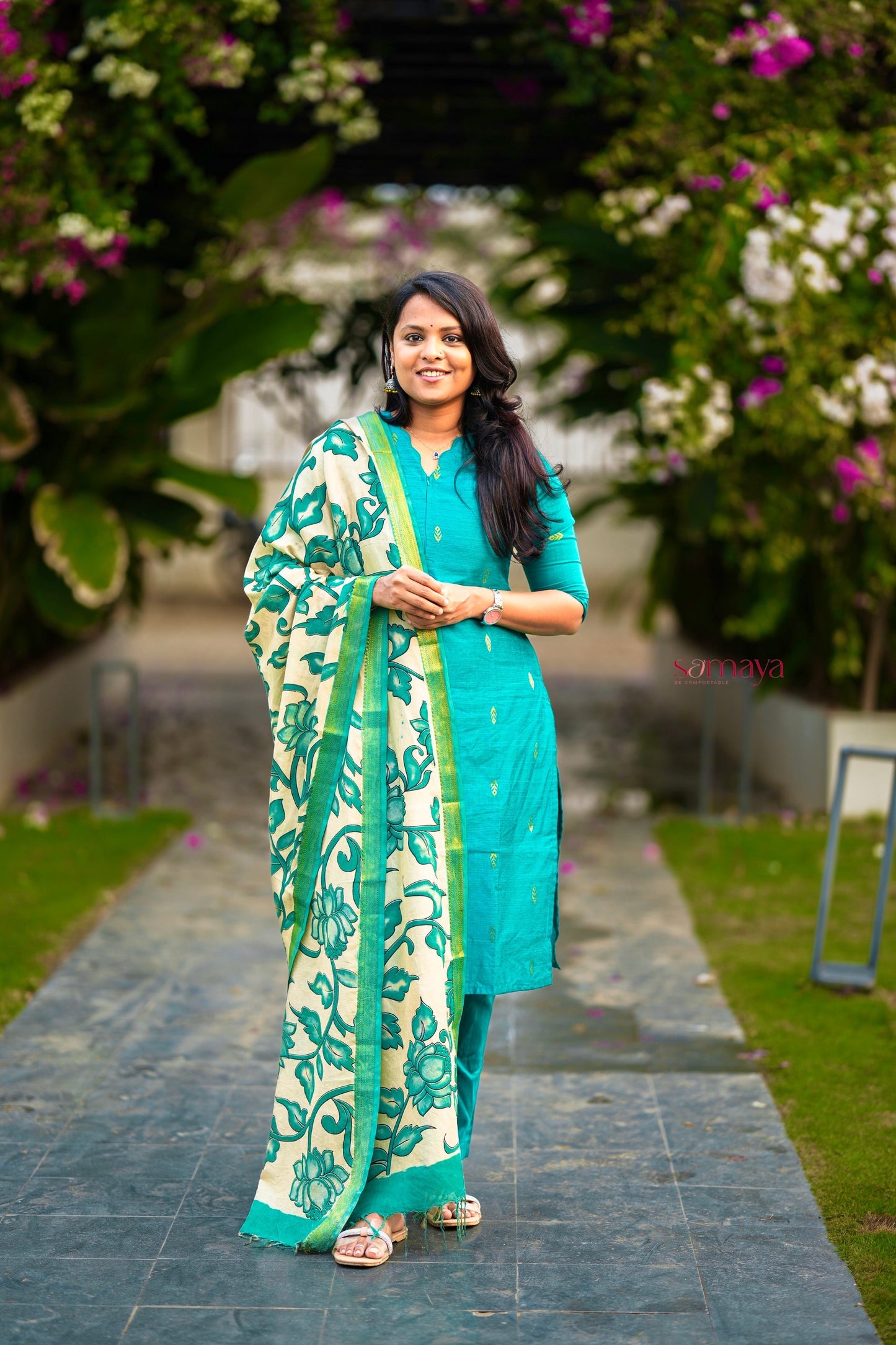 Vaishnavi 3 piece raw silk suit set wth hand painted kalamkari dupptta(ready to dispatch )