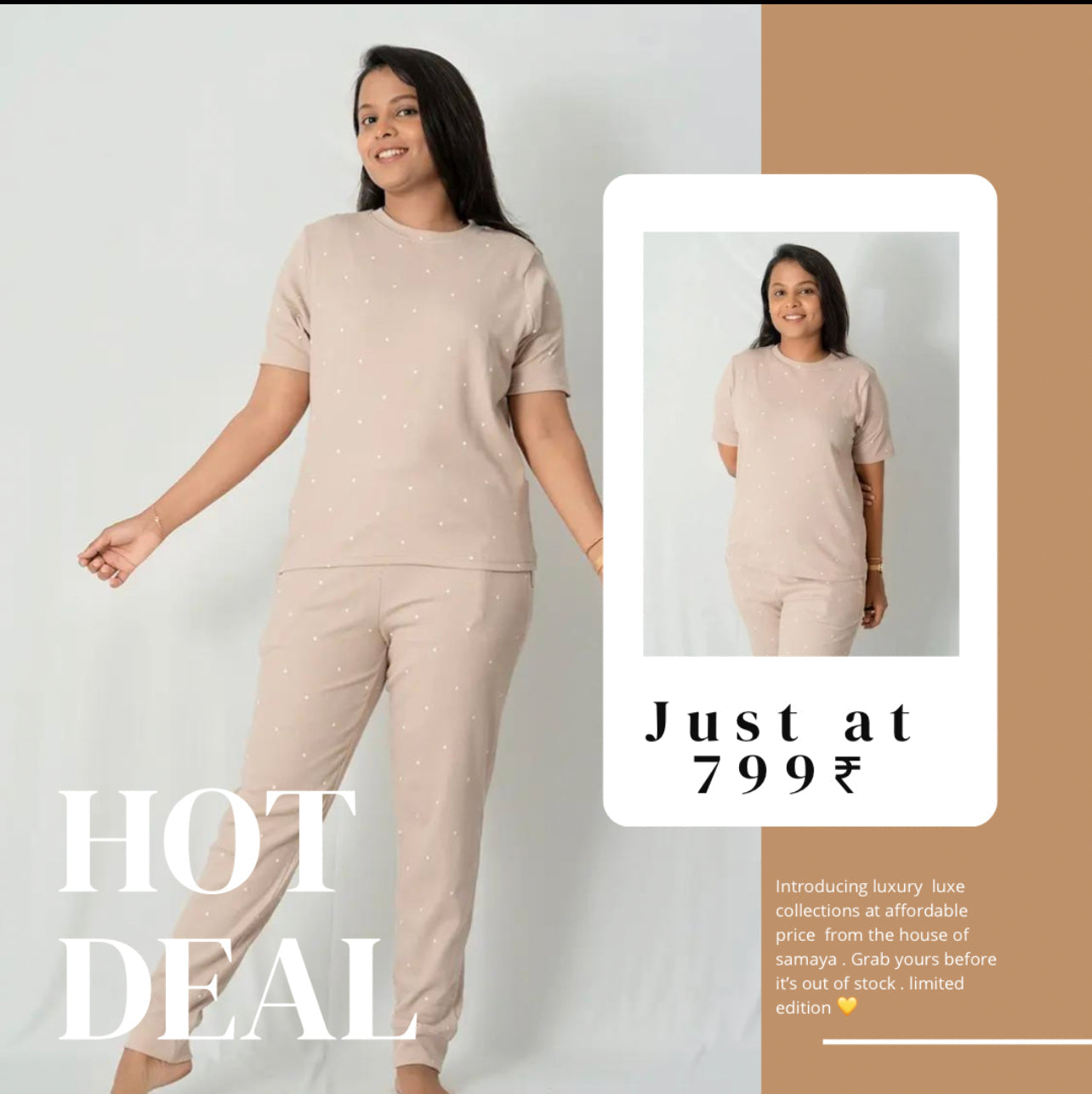 Cream Dots Pant Set Ribbed