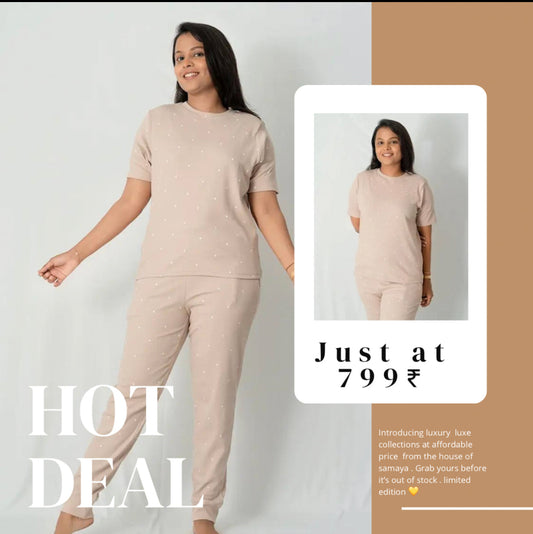Cream Dots Pant Set Ribbed