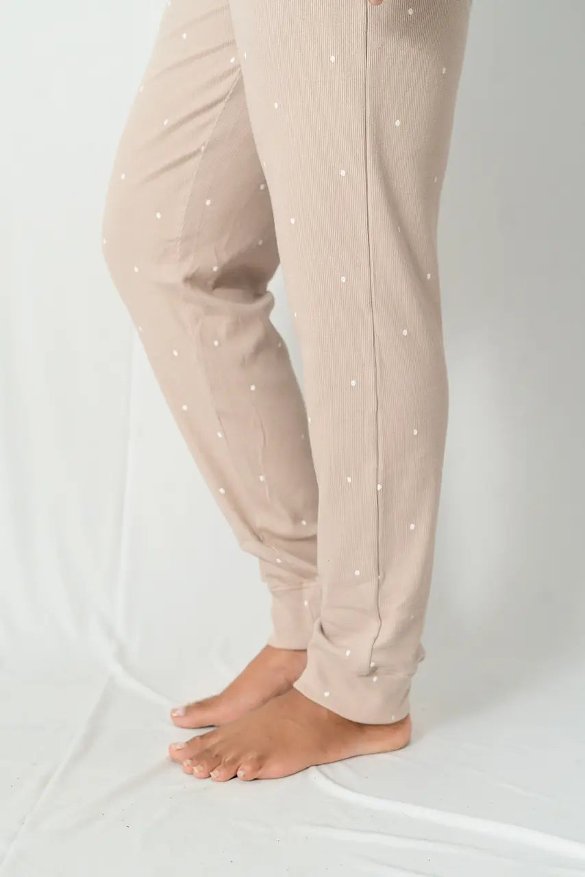 Cream Dots Pant Set Ribbed