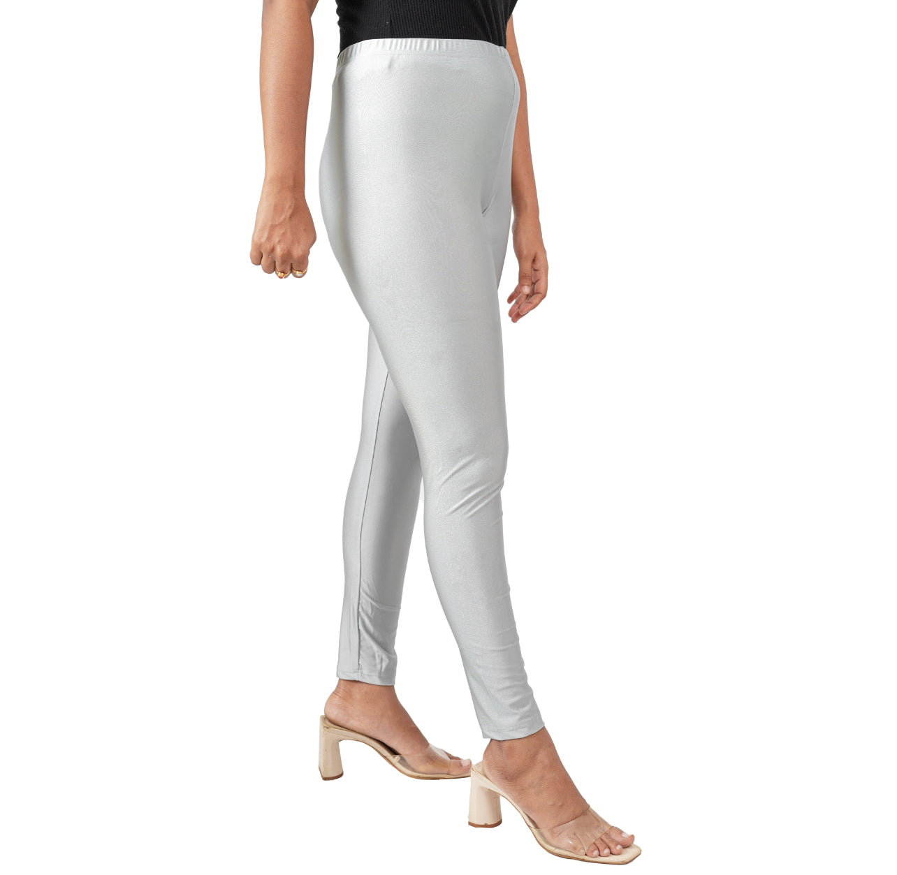 Light Grey Shimmer Leggings( Small stain that doesn’t affect overall look or wear — priced lower and a great deal ! )