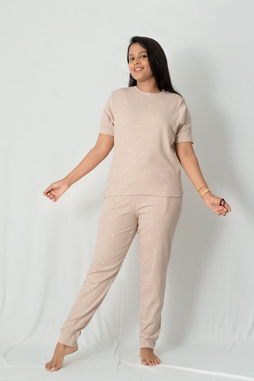 Cream Dots Pant Set Ribbed